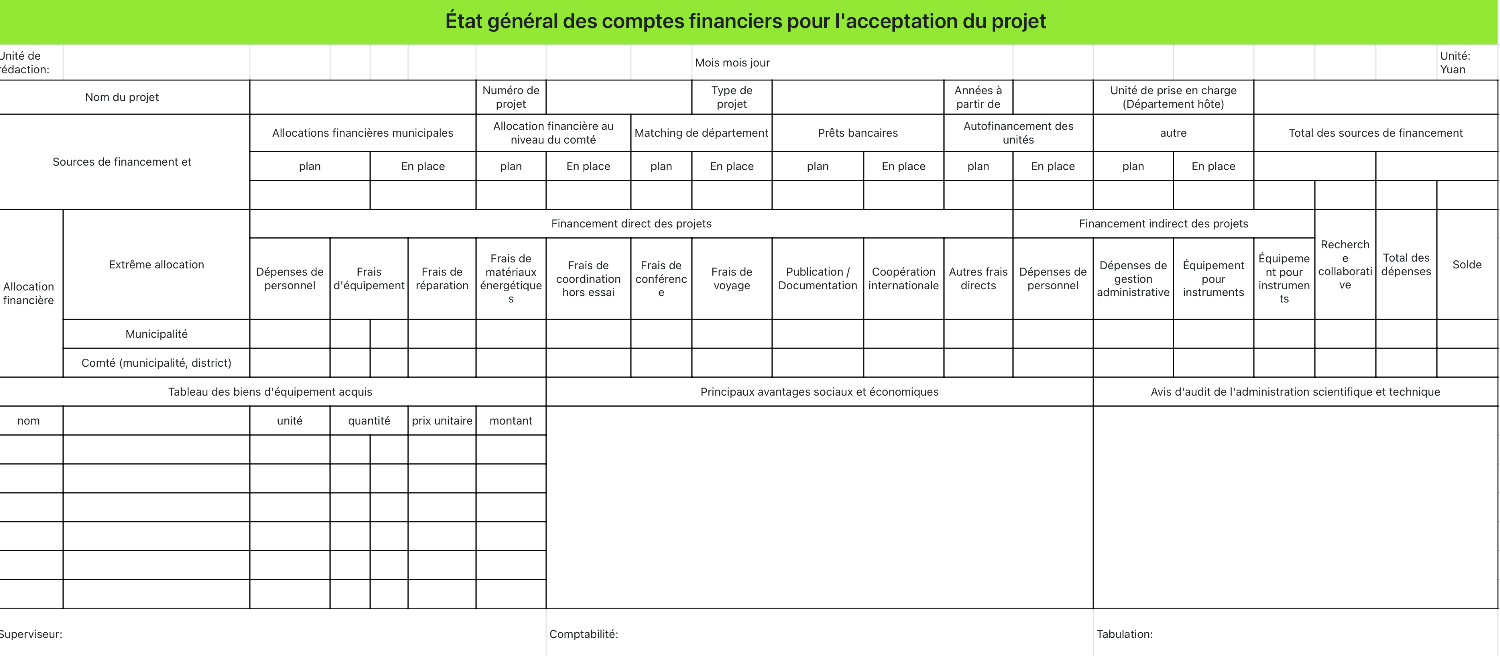 État général des comptes définitifs pour l'acceptation du projet